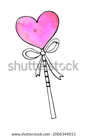 Watercolor heart shape lollipop, gingerbread on stick with bow. Hand drawn contour doodle clip art. For Valentine's Day, confectionery shop decoration, food illustration. Love sweet candy.