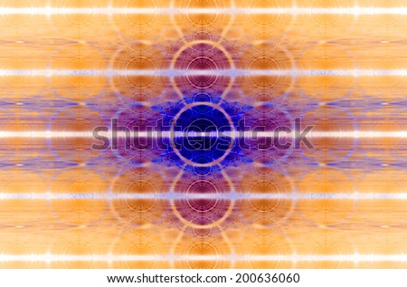 Rows and columns of decorative circular orange discs with detailed distorted vortex-like pattern, horizontal lines crossing all discs and a pink and purple center, all against white color