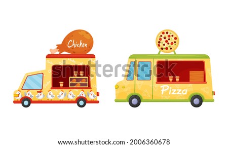 Food Truck or Van Selling Chicken and Pizza Vector Set
