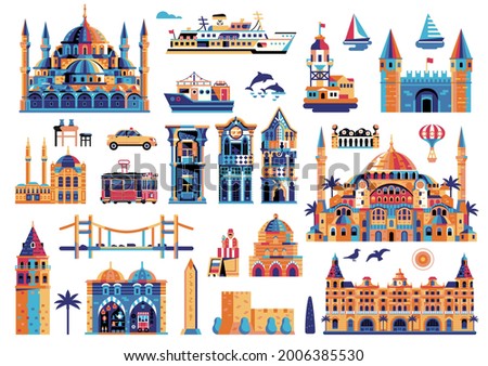 Istanbul design elements collection with buildings, popular architectural landmarks and Turkey travel symbols. Turkish clip arts in flat. Middle eastern town constructor or city map creator set.