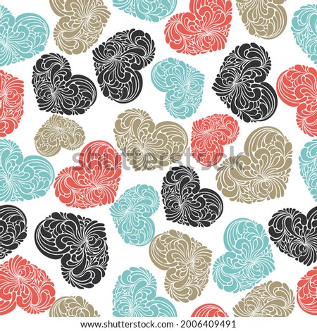 Background of small hearts with ornament of curls. Abstract background for Valentine's Day. seamless love pattern vector illustration.