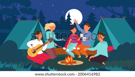 People sitting bonfire. Summer night, friends on campfire in forest. Man playing guitar, family or students camping. Tourism decent vector scene