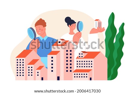 Real estate search. Buying property concept, people group looking home on market. Buy or rent house online, building project utter vector scene Royalty-Free Stock Photo #2006417030