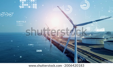 Wind power plant and technology. Smart grid. Renewable energy. Sustainable resources. Royalty-Free Stock Photo #2006420183