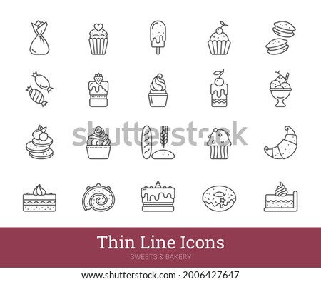 Bakery, pastry shop thin line icons set. Vector pictograms set related to desserts, pastries, sweets such as ice cream, candies, cupcake, donut, pancake. Isolated on white background. Editable strokes