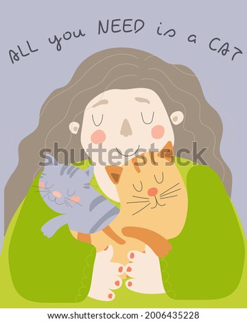 Woman with long brown hair holding a red and a gray cat in her arms. Illustration in cartoon style. Suitable for printing postcards, posters, flyers. For web design.