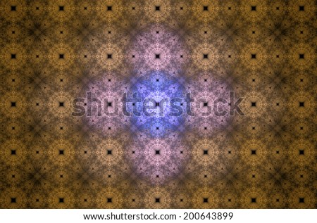 Abstract fractal grid background with a flower-like highly decorated pattern in orange, pink and purple colors and against black color