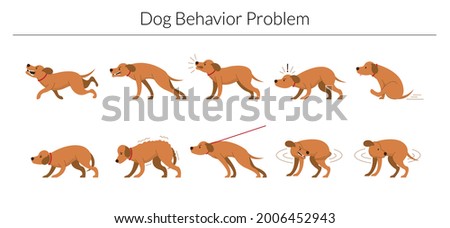 Dog Behavior Problem Set, Aggressive, Fear, Stubborn and Biting Tail Royalty-Free Stock Photo #2006452943