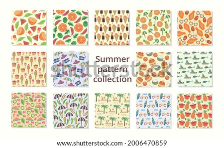collection of seamless summer patterns, colorful patterns tiles, Watermelon, pineapple, lemon and summer elements, fabric print, textile, vector illustration