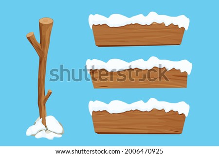 Wood sign, set tree stick and wooden empty planks with snow in cartoon style isolated on white background. Game assets, ui element. Textured material, frame for massage, decoration. 