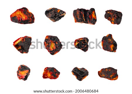 Red hot coal stones set isolated white, burning natural black charcoal pieces texture, flaming anthracite rocks, glowing coal nuggets, smolder orange embers, mineral fossil fuel fire, mining industry Royalty-Free Stock Photo #2006480684