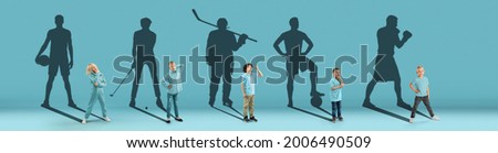 Collage. Dreams about big and famous future. Conceptual image with little girls and shadows of fit professional sportsmen on light pink, coral background. Dreams, imagination, education concept. Royalty-Free Stock Photo #2006490509