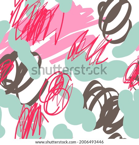 Colorful hand drawn doodle seamless pattern with abstract hand drawn brush strokes and paint splashes. Messy infinity texture, modern background. 
