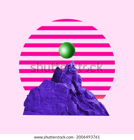 Big purple mountain on pastel pink striped background. Modern design, contemporary art collage. Inspiration, idea, trendy urban magazine style. Negative space to insert your text or ad. Minimalism.
