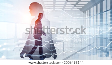 Side views of two business people rushing along panoramic modern consulting office, forex financial hologram line chart changes with quotations, double exposure.