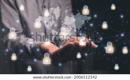 Hand holding, symbol, people communicating through social networks, worldwide, illustration.