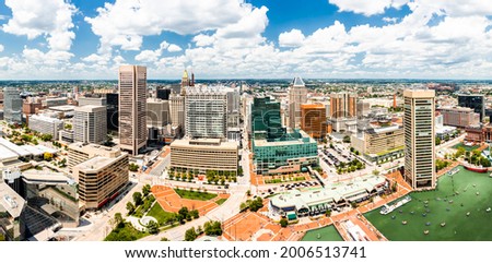 Aerial panorama of Baltimore Inner Harbor and skyline. Baltimore is the most populous city in the U.S. state of Maryland