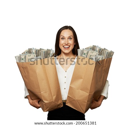 amazed happy woman with money over white background