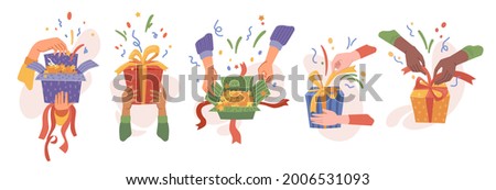 Hands packing or unpacking presents in boxes, isolated set of opening gifts. Celebration and surprise for holiday or special event. Birthday or christmas festivity. Vector in flat cartoon style