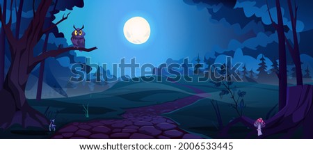 Owl bird on tree branch, dark and scary forest or woods, landscape with roads and bright full moon. Gothic view, halloween evening in fall. Evil and fear place, spooky and creepy. Cartoon vector Royalty-Free Stock Photo #2006533445