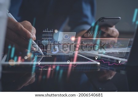 Business analysis, strategy and planning concept. Businessman, finance analyst working on digital tablet, business data and economic, economic growth, financial graph chart, stock market report  Royalty-Free Stock Photo #2006540681