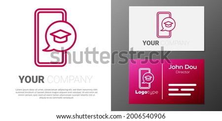 Logotype line Graduation cap on screen smartphone icon isolated on white background. Online learning or e-learning concept. Logo design template element. Vector