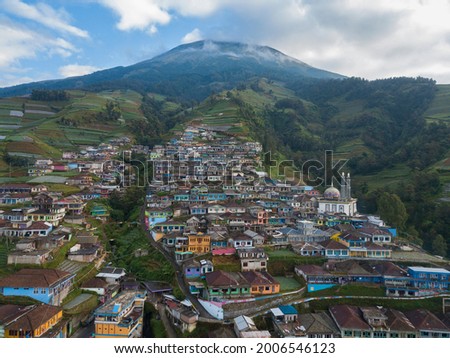 Aerial photo of Butuh Village Nepal Van Java on Slope of Mount Sumbing in the morning in cloudy weather