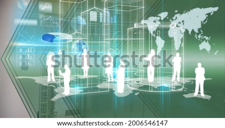 Composition of digital icons, data processing and world map. global digital interface, technology and networking concept digitally generated image.