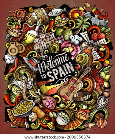 Spain cartoon vector doodles illustration. Spanish poster design. European elements and objects background. Bright colors funny picture. All items are separated