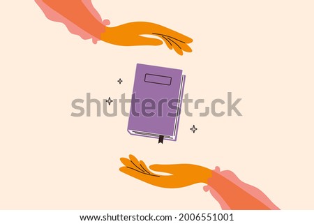 Woman hands holding magic book. Fairy tale story. Elegant girl in a pink blouse reading literature. Read books lover. Education, literacy day concept. Book swap, bookstore, library vector illustration