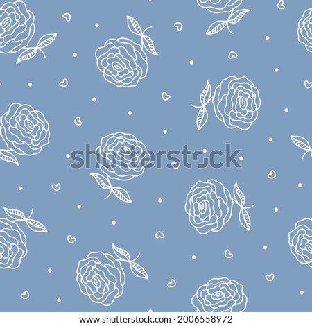 Vintage outline Roses seamless pattern. White flower, dots and hearts on pale blue. Hand drawn Garden Plant. Floral vector background for romantic fashion print design, fabric, textile, scrapbooking