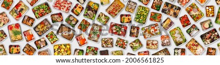 Creative Banner For Food Delivery With Prepared Healthy Meals In Foil Containers Over Light Background, Set Of Aluminium Take Away Lunch Boxes With Tasty Low Fat Daily Eats, Collage, Panorama Royalty-Free Stock Photo #2006561825