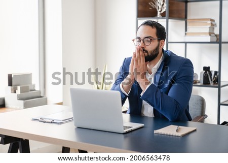 Hope concept. Businessman boss waiting for important results, solving difficult problems, dealing with contracts and clients. Job problems, hard task project, start up. Remote occupation on freelance Royalty-Free Stock Photo #2006563478