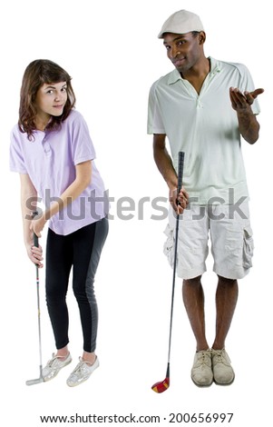 golf instructor with a teenager student on white background