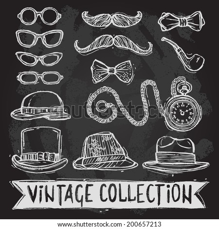 Vintage gentleman set of hats glasses mustaches and bow tie decorative elements isolated vector illustration