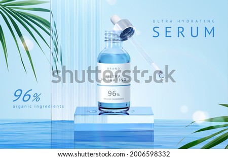 3d minimal product display scene for serum, essence or essential oil. Dropper bottle stands on glass cube podium in the middle of water. Suitable for organic or hydrating skincare products.