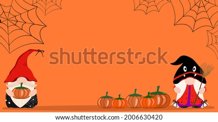 Vector - Cute Gnome, pumpkin, spider for Halloween day. Flat cartoon style. Copy space. Can be use for poster, banner, web.