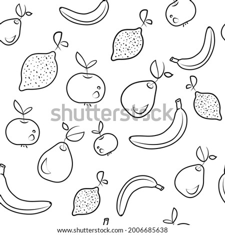 Seamless background with fruits in black and white colors. Suitable for decorating fabrics, clothing, packaging, notebooks. The pattern consists of an apple, a banana, a lemon, and a pear.