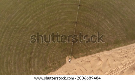 AERIAL. Circular green irrigation patches for agriculture in the desert. Dubai, UAE. Royalty-Free Stock Photo #2006689484