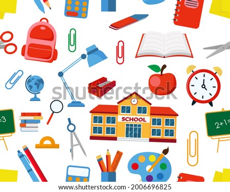 Funny seamless pattern with school supplies and creative elements. Back to school background. EPS 10