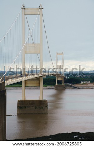 view of the original landmark 1960s Severn Bridge linking England and Wales over the river Severn UK