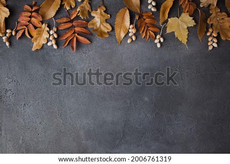 Autumn vibes. Border made of dried leaves on stone background. Seasonal background, fall concept, thanksgiving day composition. Flat lay, copy space