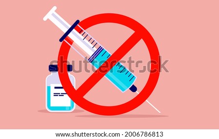 Vaccine refusal - Syringe and vial in stop sign, vaccination hesitancy and Covid-19 denial concept. Vector illustration. Royalty-Free Stock Photo #2006786813
