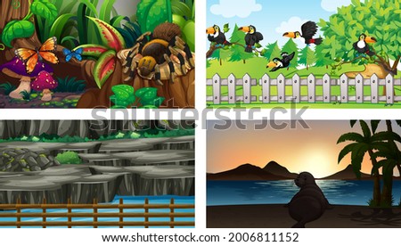 Four different scenes with various animals cartoon character illustration