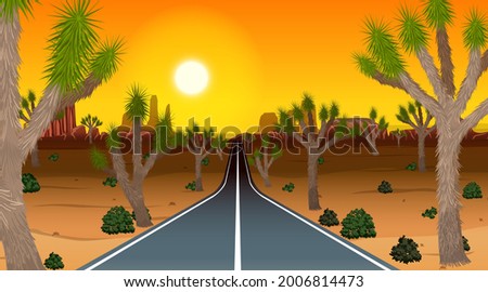 Road into the night desert with joshua trees