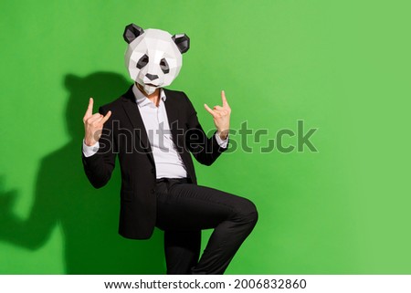 Photo of funky rocker guy dance show horns signs wear panda mask black tuxedo isolated on green color background