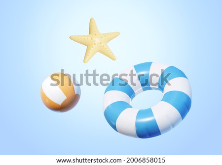 3d beach toy elements isolated on light blue background, including swimming ring, beach ball and sea star. Royalty-Free Stock Photo #2006858015