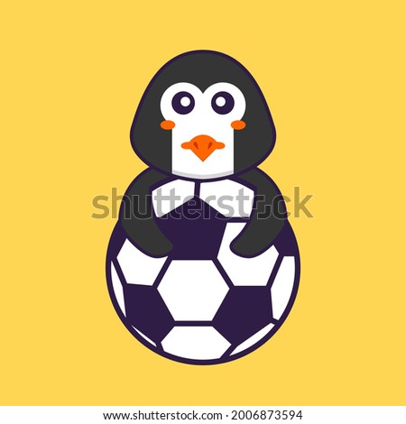 Cute penguin playing soccer. Animal cartoon concept isolated. Can used for t-shirt, greeting card, invitation card or mascot.