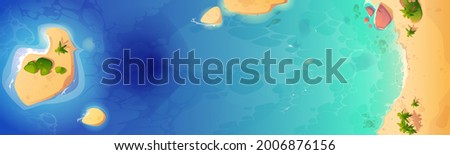 Sea beach top view background, tropical ocean coastline with palm trees and rocks in blue clean water. Sandy shore scenery nature landscape, travel destination, paradise Cartoon vector illustration Royalty-Free Stock Photo #2006876156