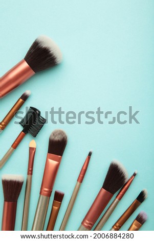 Professional make-up brushes on blue background. Vertical photo. Top view